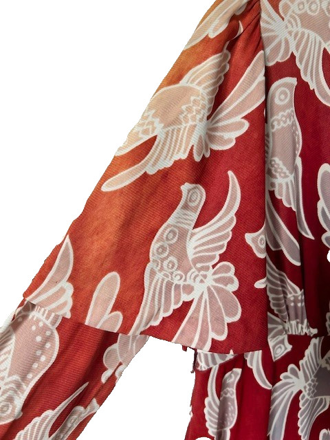 Corky Craig 70s Vtg Mini Dress Red Orange White Bird Short Flared Slvs over L/S