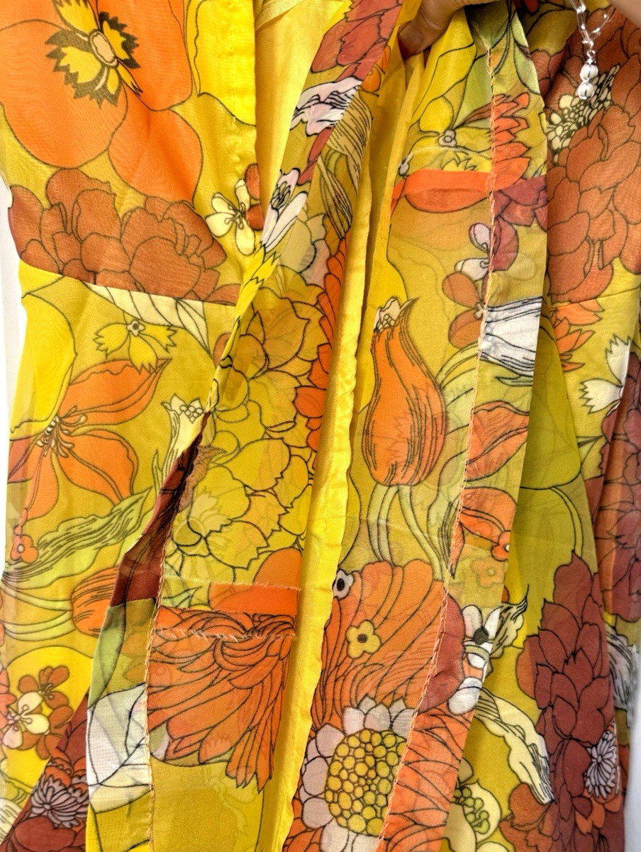 Vtg 60’S Groovy Orange Yellow Sheer Floral Maxi Dress Stiff Chiffon Long Jacket
