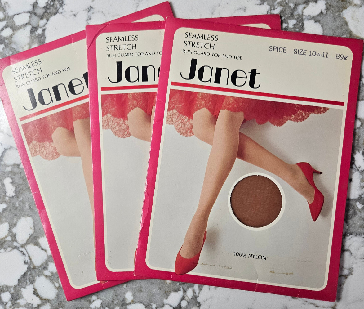 Set of 3 1967 Stretch Stockings by Janet 2 Spice 1 Beige Foot size 10 1/2 – 11