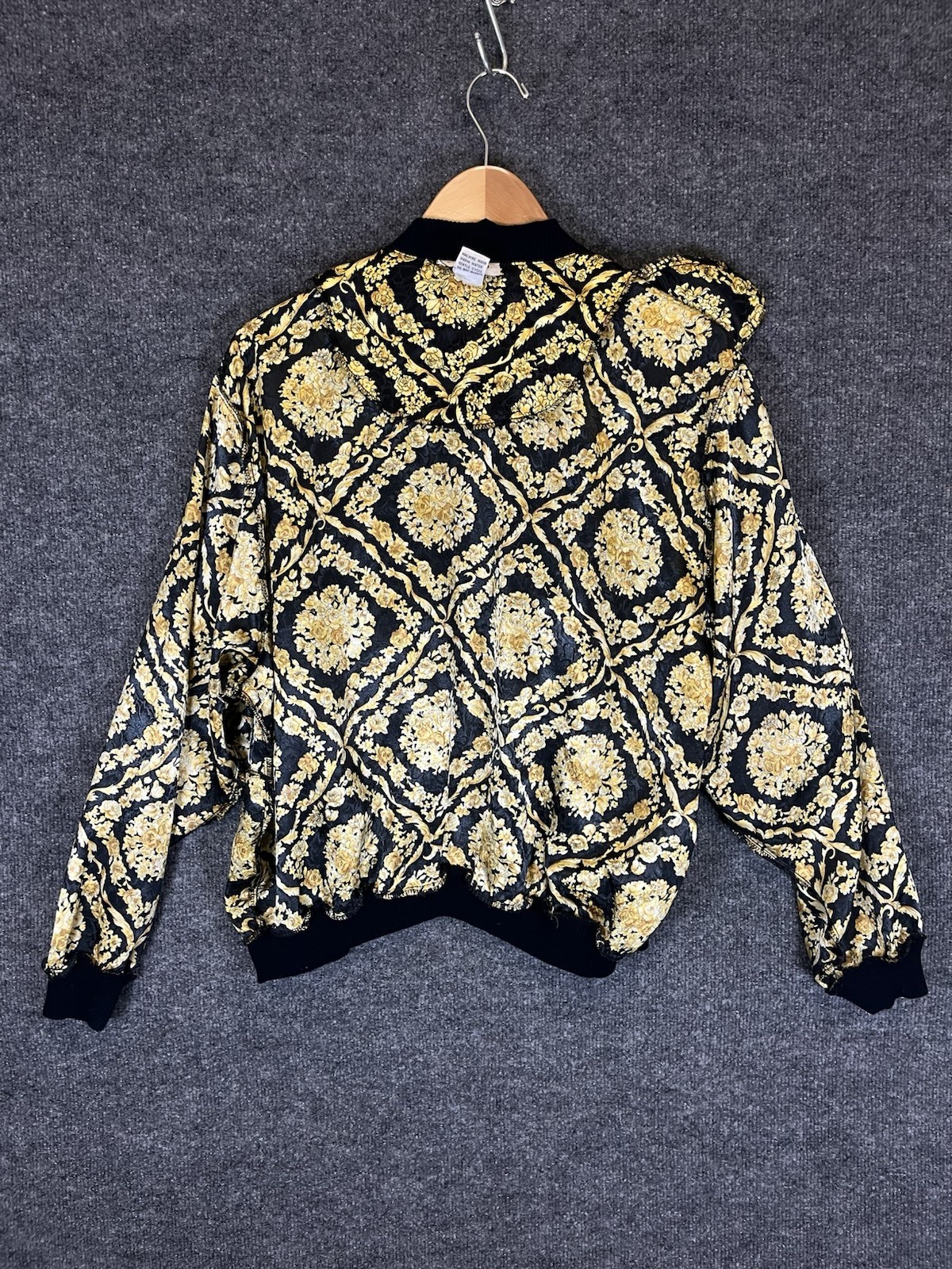 Vintage 80s 90s Papell Too Baroque Gold Floral Bomber Jacket Padded Shoulders