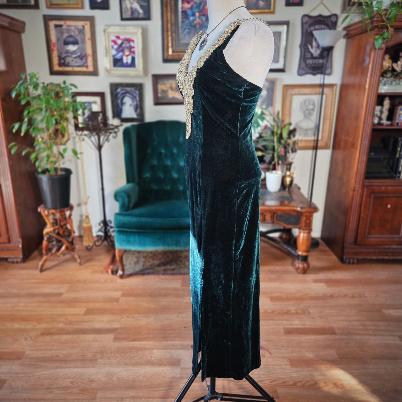 Speed Fashion Velvet Dress Vintage 90s Emerald Green Gold Beaded Maxi Gown USA