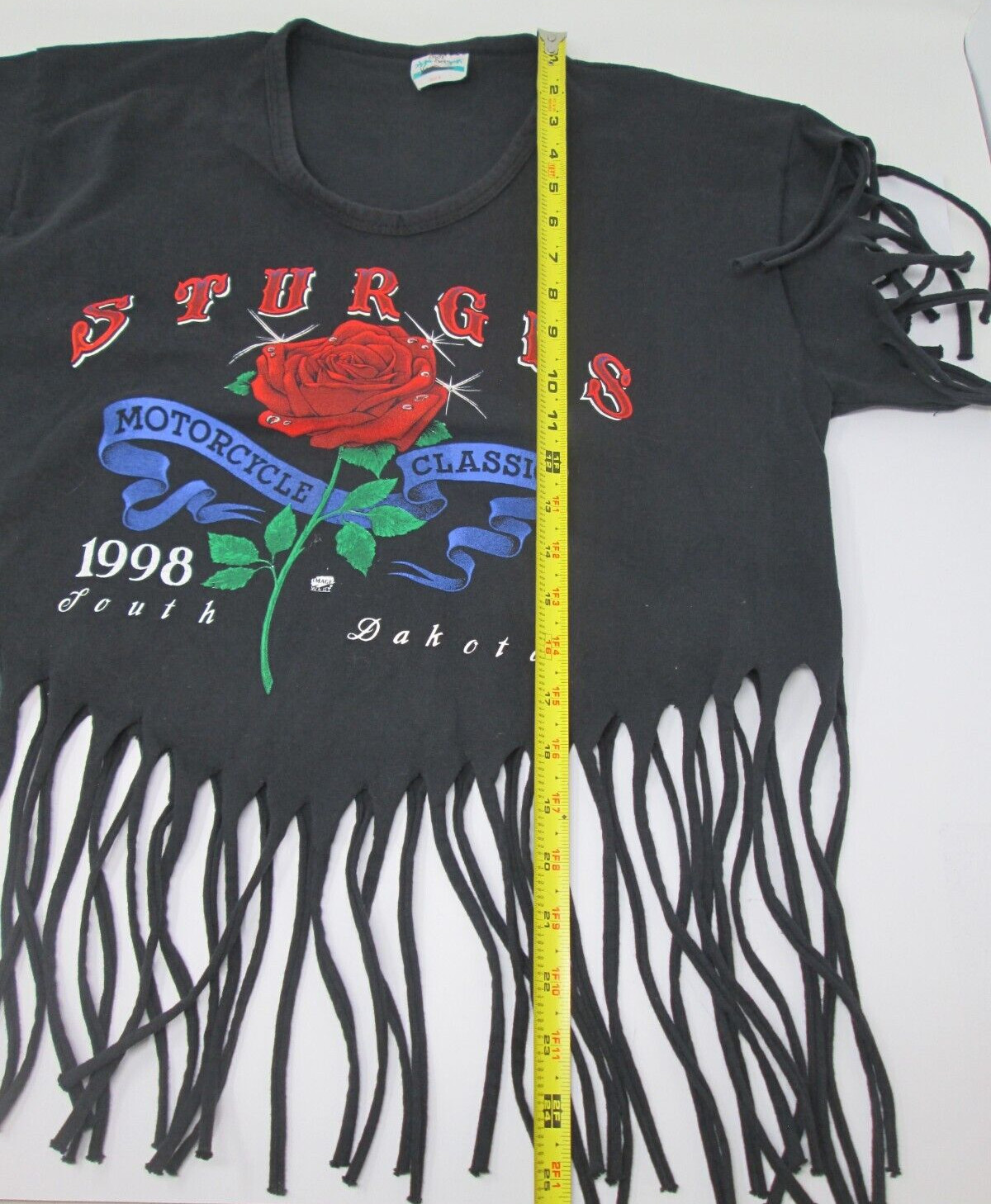 Vtg 90s STURGIS T Shirt Dated 1998 CROPPED Distressed FRINGE Womens One Size