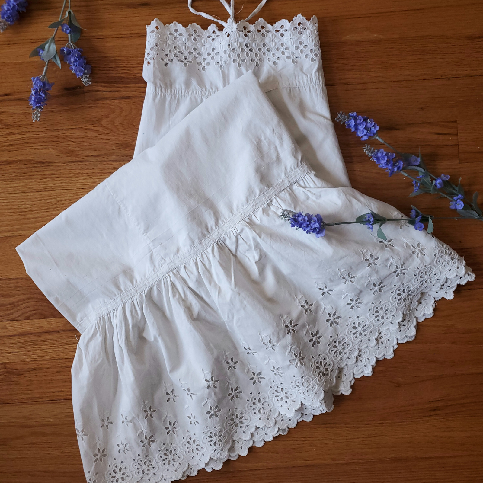 Antique Victorian Edwardian undergarment white cotton eyelet lace slip old dress