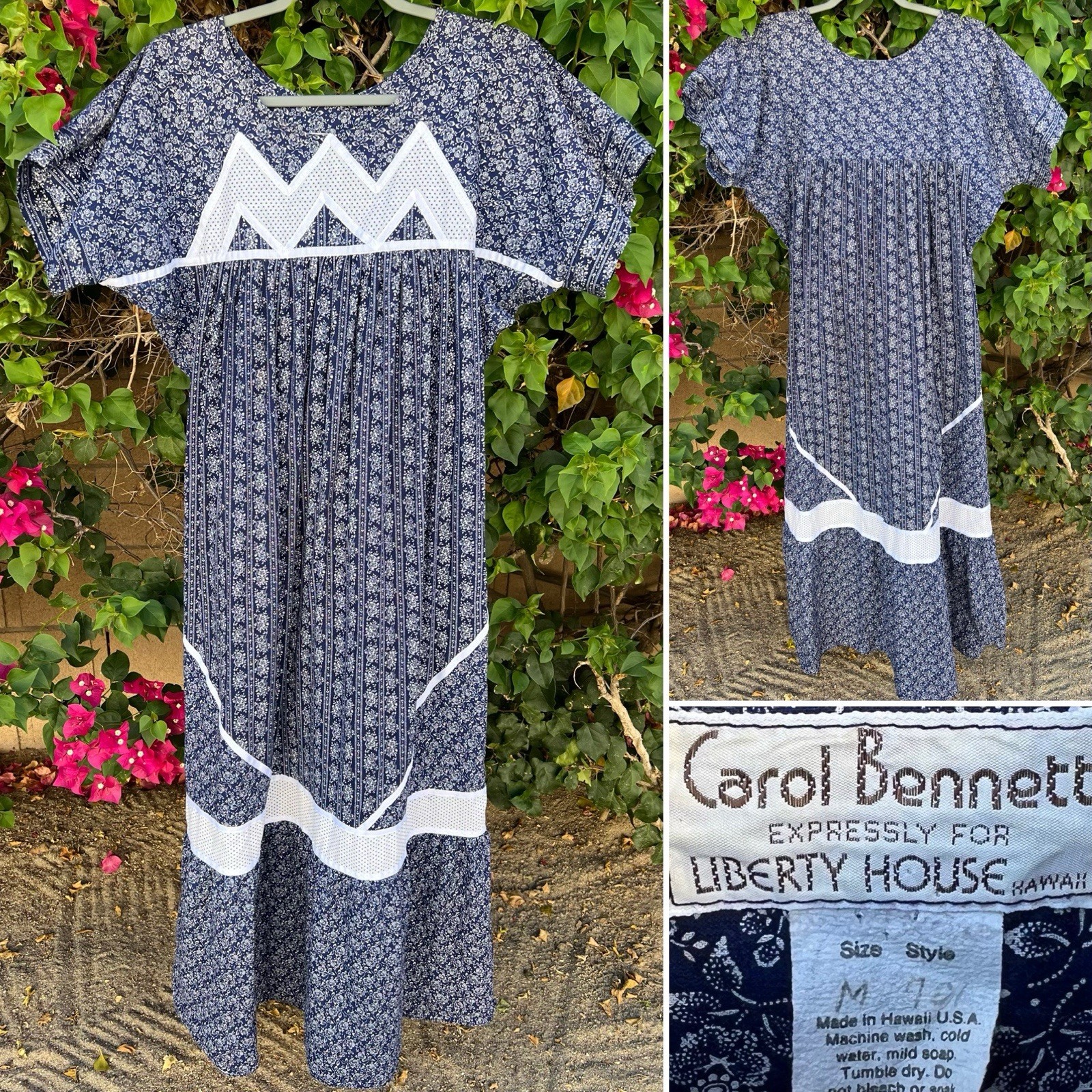 Carol Bennett Liberty House Hawaii Dress M Blue Floral Prairie Muu Muu Vintage
