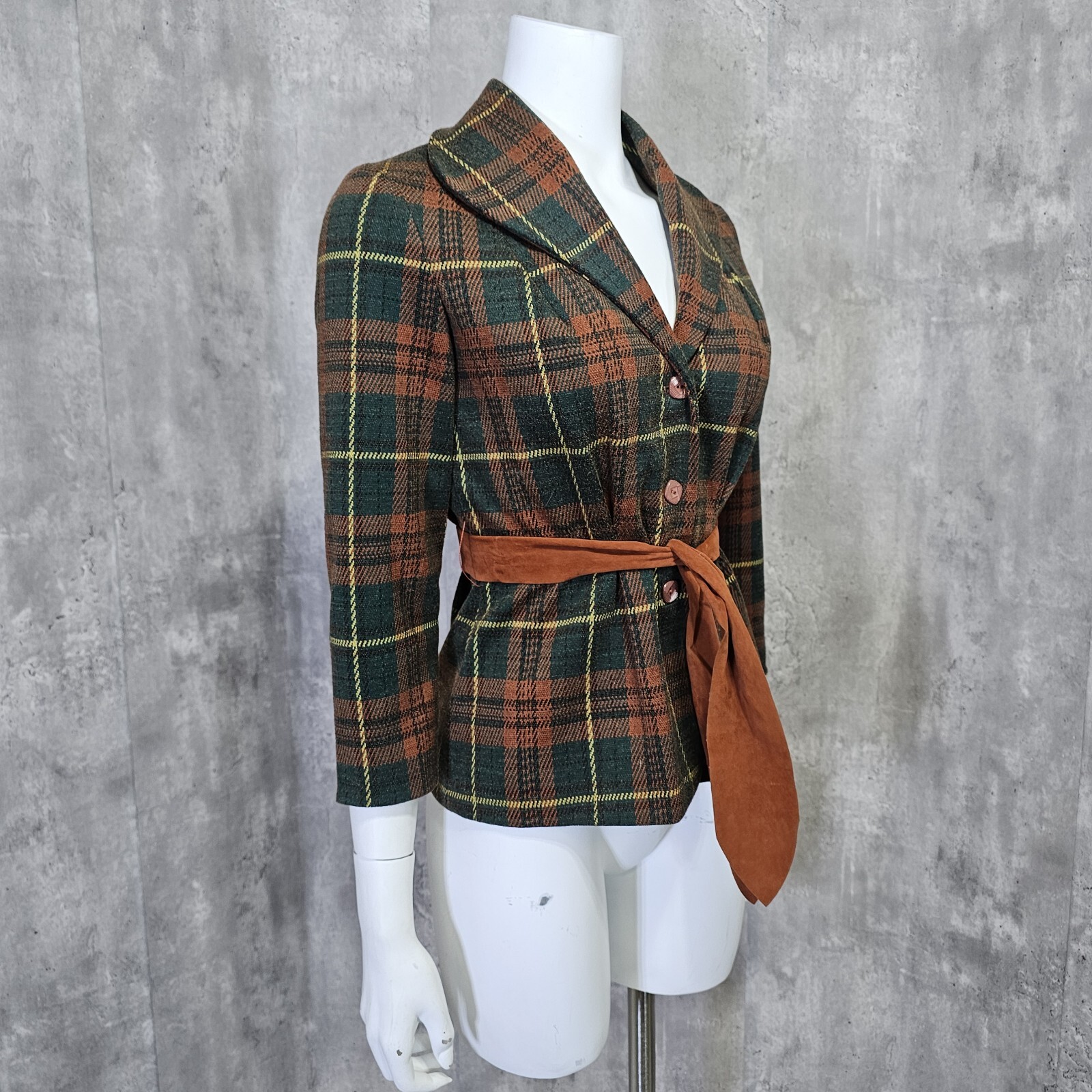 Vintage 70s Donovan Galvani Dallas Dbl Knit Polyester Brown Green Plaid Blazer