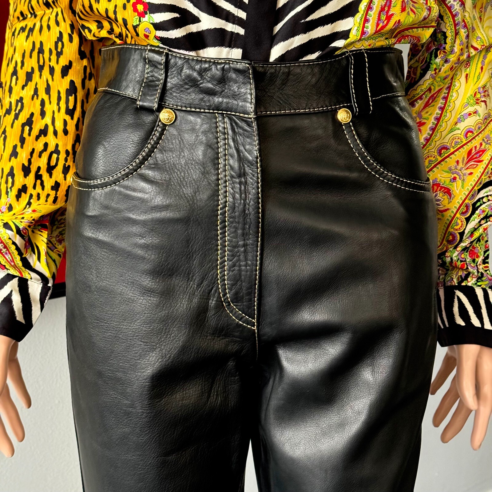 GIANNI VERSACE black leather pants w/ gold stitch size IT 42 from F/W 1992/93