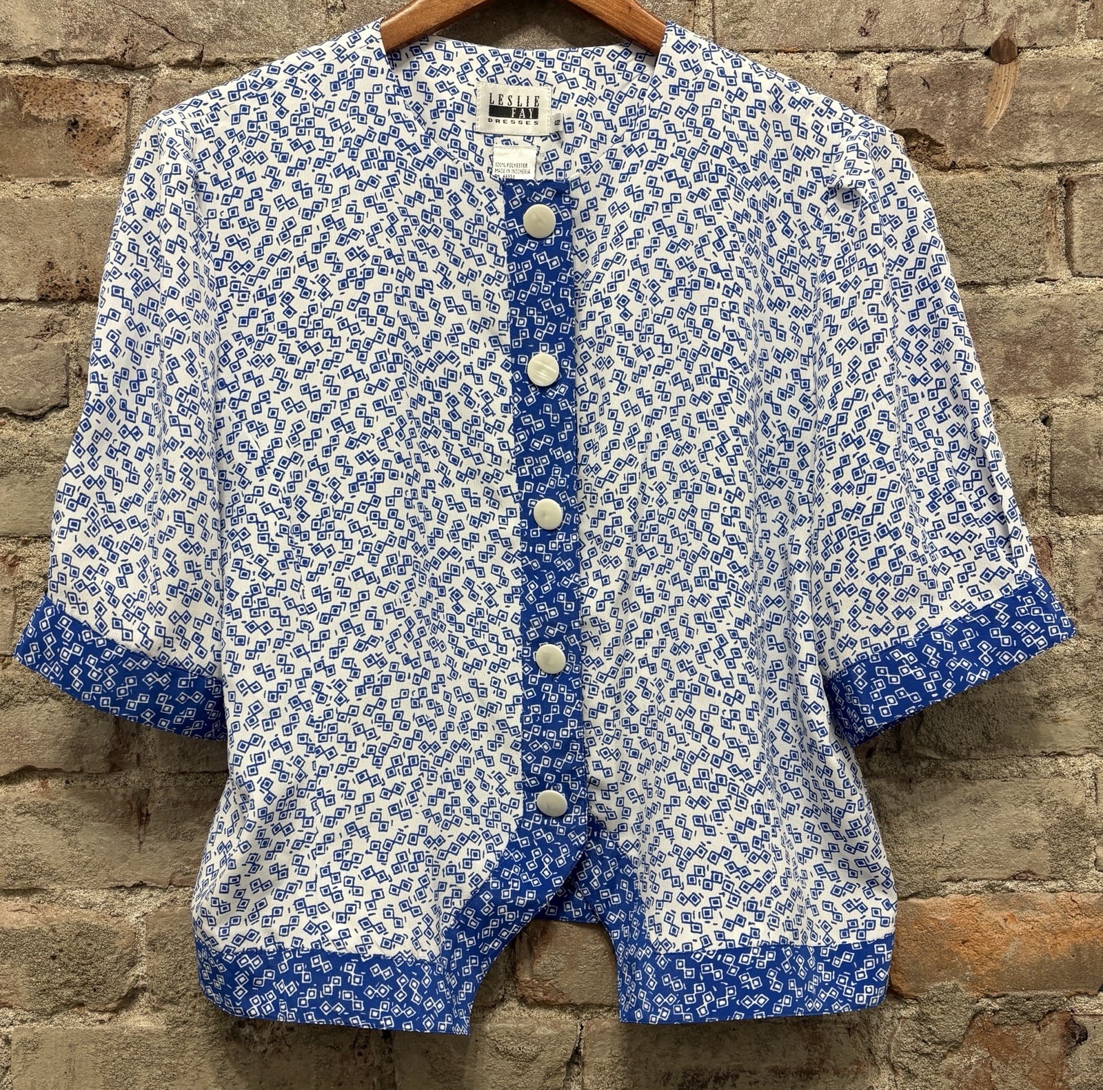 Vintage LESLIE FAY DRESSES Short Sleeve Jacket Blue & White Women’s Size 12