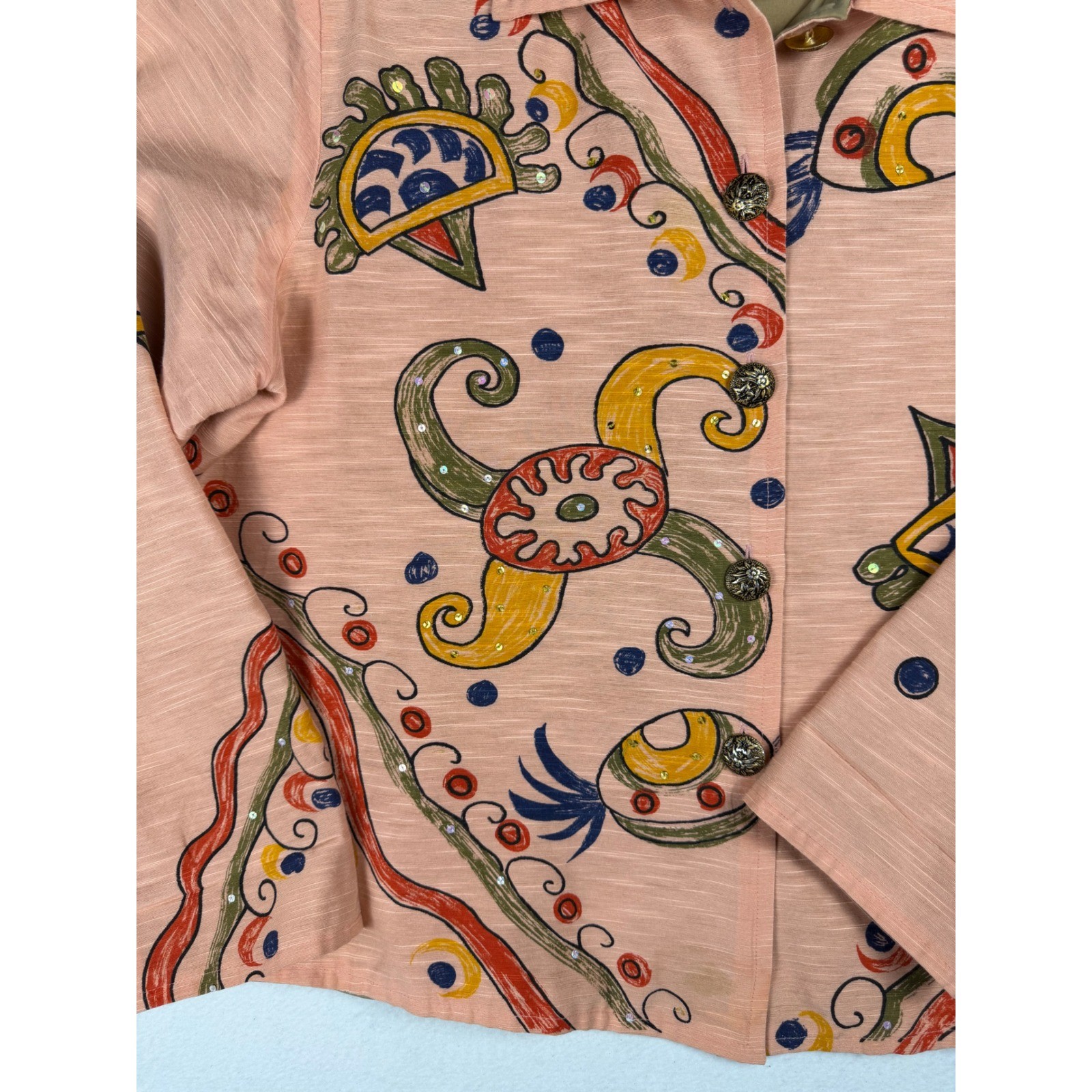 Vintage Alex Kim Silk Jacket Salmon peach Abstract Hand Painted Sequin Large