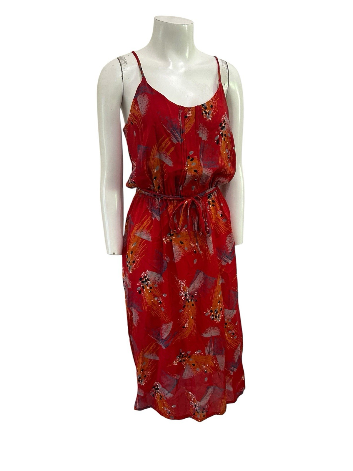 Vintage 80s Red Abstract Print Midi Dress Tie Waist Resortcore Cruise Vacation S