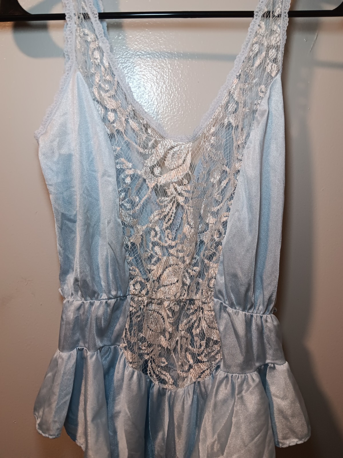 Vintage Flair Nylon Teddy One Piece Playsuit Romper Lace Ruffle Union Made Sz M
