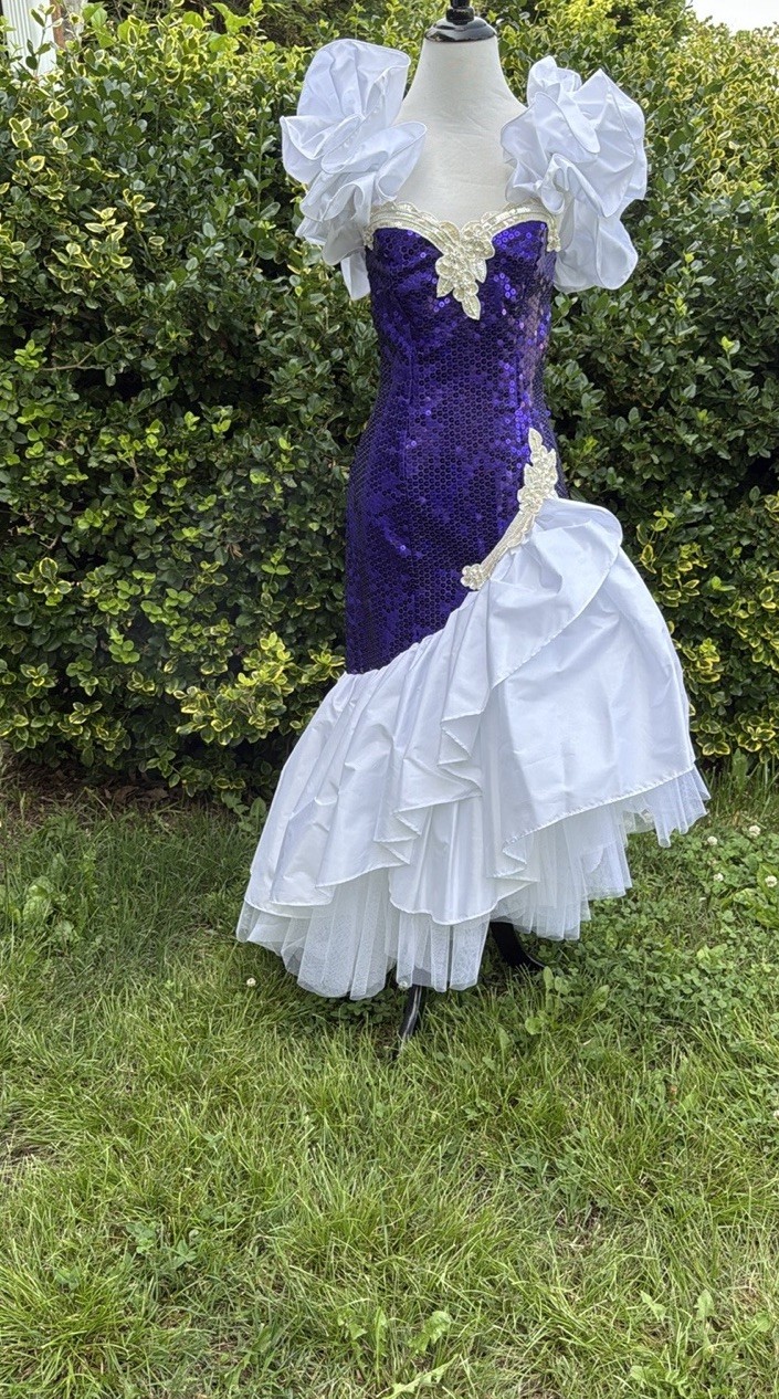 Loralie Vintage 80s 90s white taffeta with purple sequins gown size 8