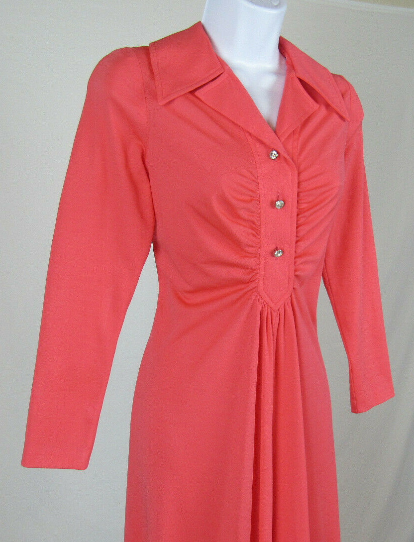 VTG 1960s JULIE MILLER OF CALIFORNIA MANDARIN DRESS CRYSTAL BUTTONS GATHERS