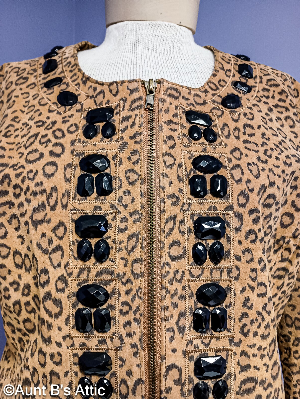Leather Jacket Ladies Boston Proper Br/Blk Animal Print Jeweled Zip Jacket 16