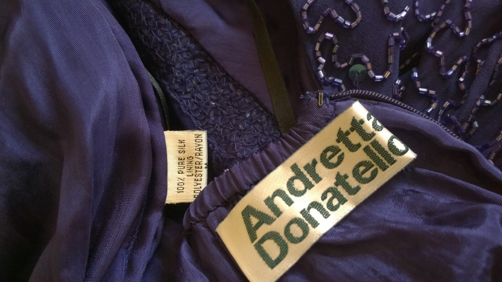 Vtg New Andretta Donatello Silk Beaded Formal Evening Gown Sexy Dark Blue Sz M