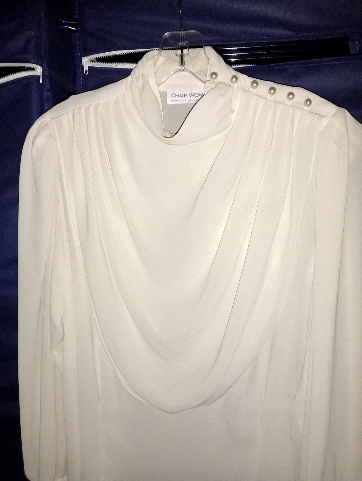 Vtg 90’s Chaus Woman Top 36 Ivory Pleated draped front pearls
