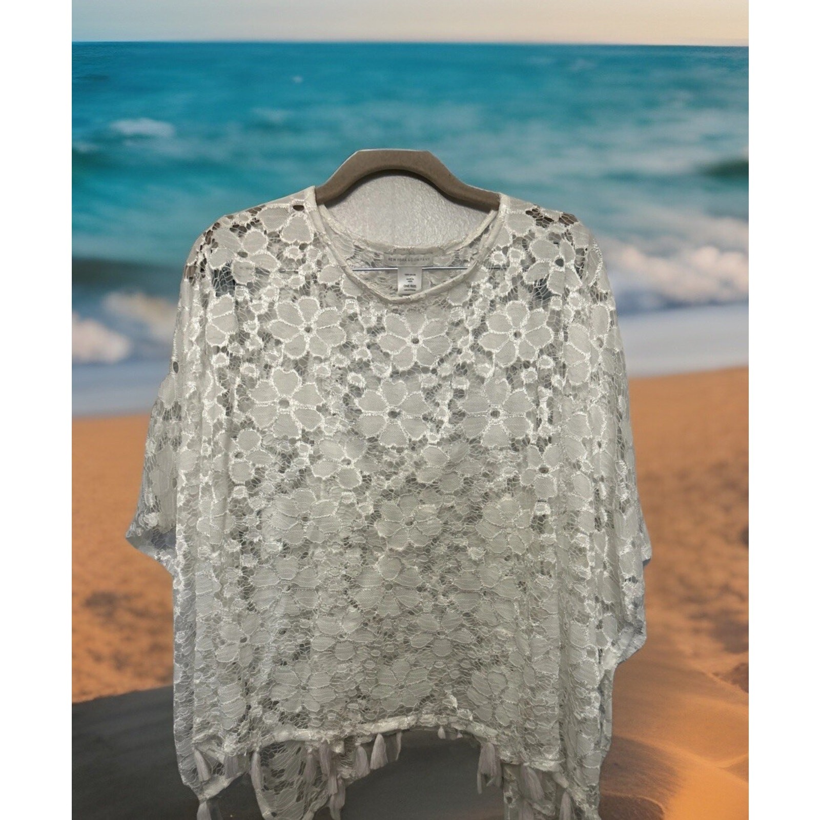 Womens Coverup White Croquet Top Tassels New York & Company Grannie Old Money OS