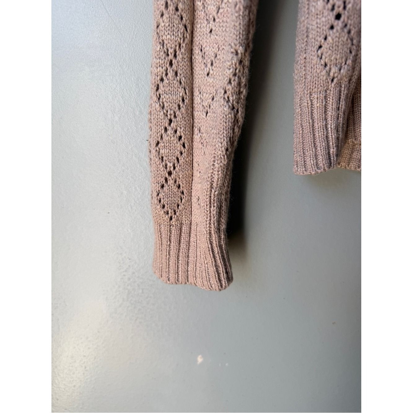 Boho Coquette Women’s Medium Pointelle Knit Lace-Up Sweater Blush Pink