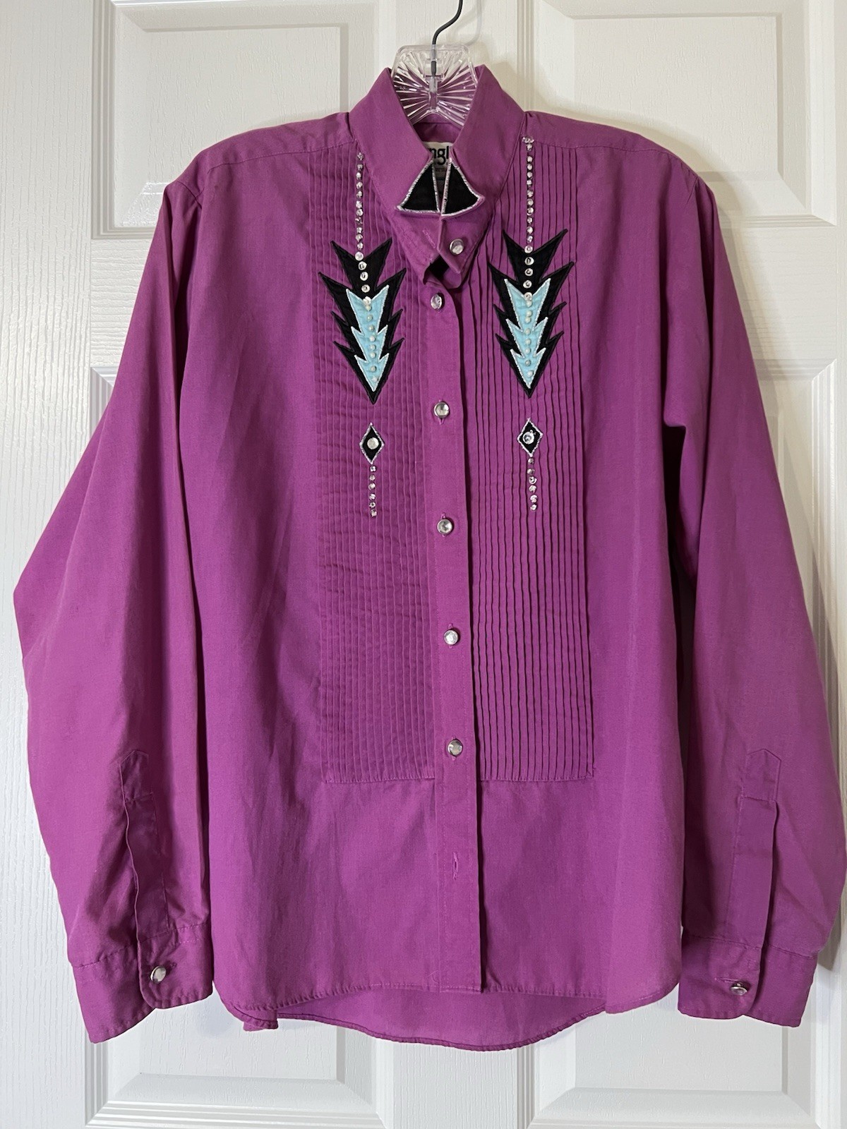 Vintage Wrangler Womens Western Shirt Sz L-XL Purple Rhinestones Crystal Aztec