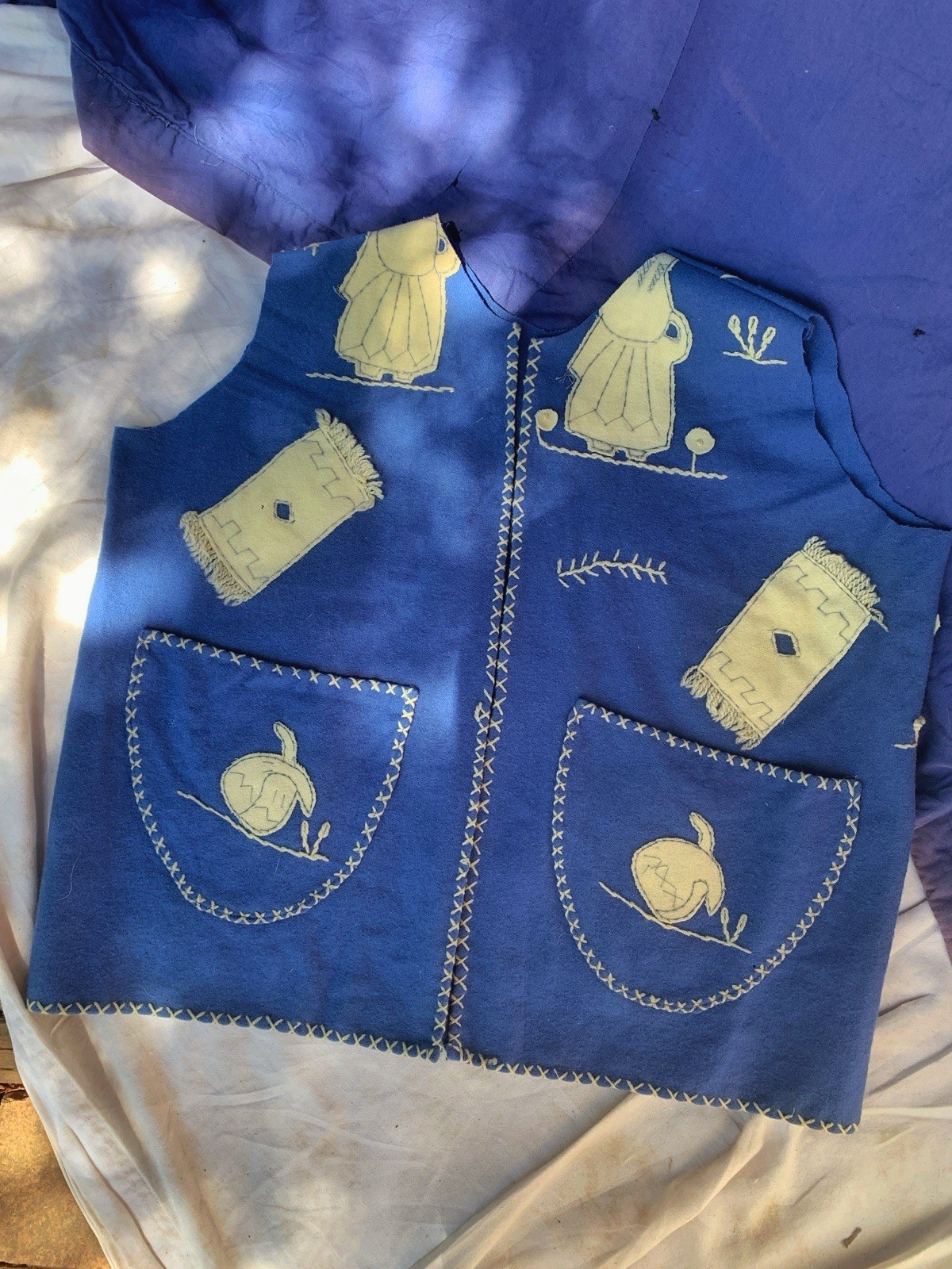 Vintage Mexican Blue Wool Folk Vest with White Appliqués