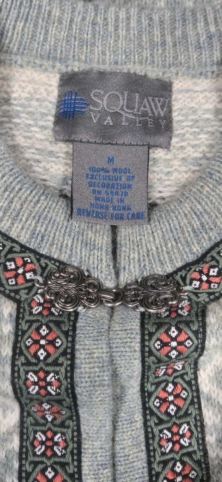 1980s SQUAW VALLEY Nordic Fair Isle Wool Cardigan Sweater Filigree Metal Clasps