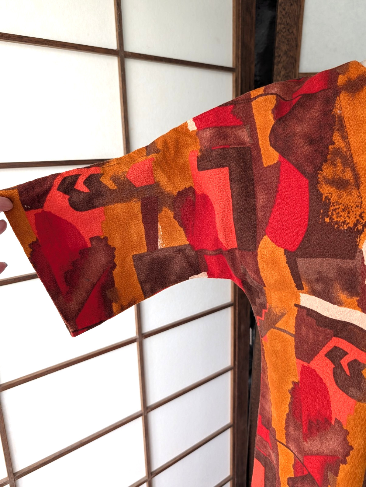 Vtg 70s Bark Cloth Caftan Dress MuuMuu Hand Made Abstract Geometric Hippie Boho