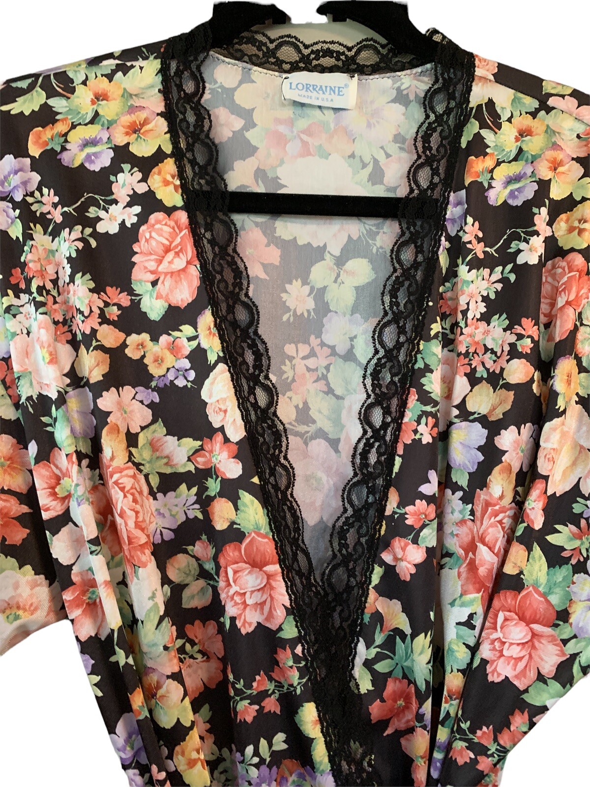 Lorraine Large Black Floral Robe Tie Glossy Satin Lace Trim Flower USA Sleepwear
