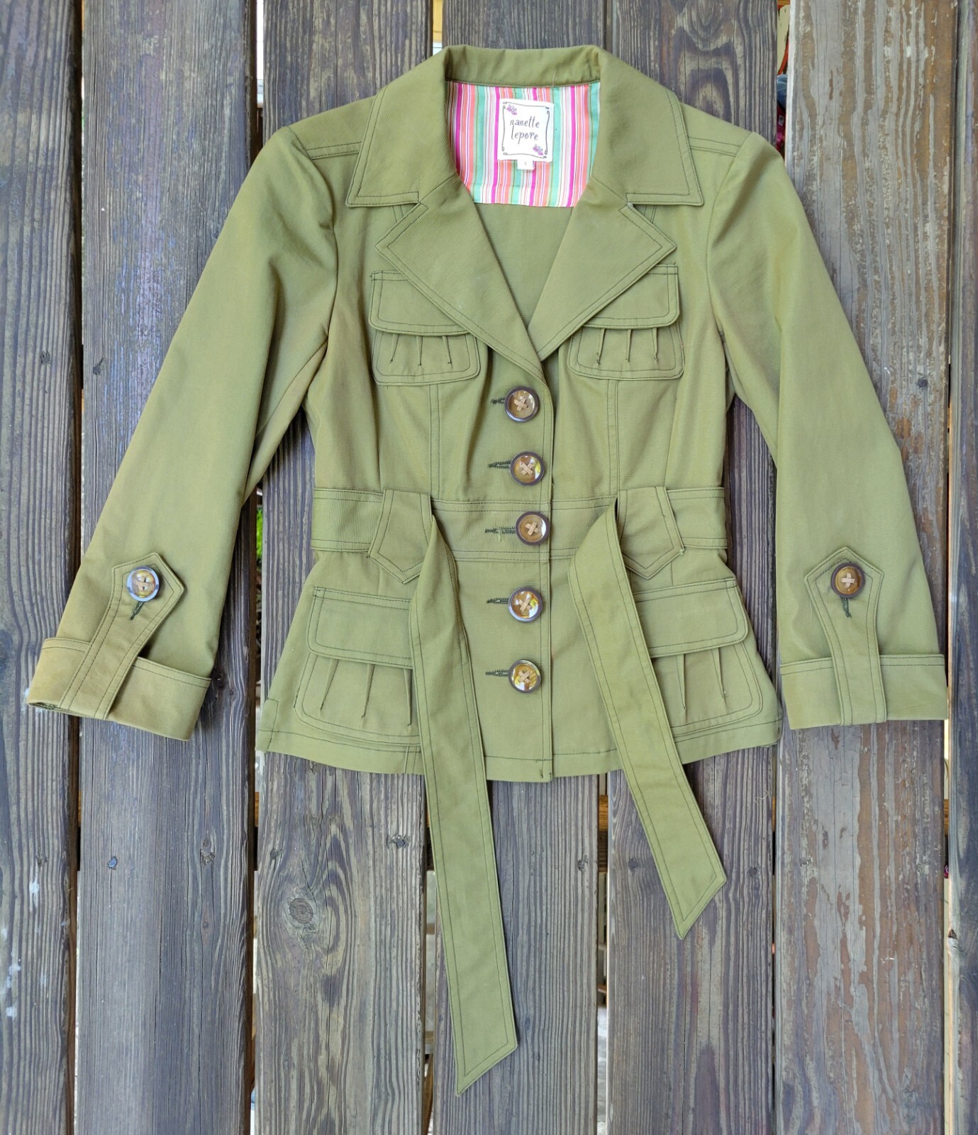 Nanette Lepore vintage 00s military style olive green jacket belt big buttons 0