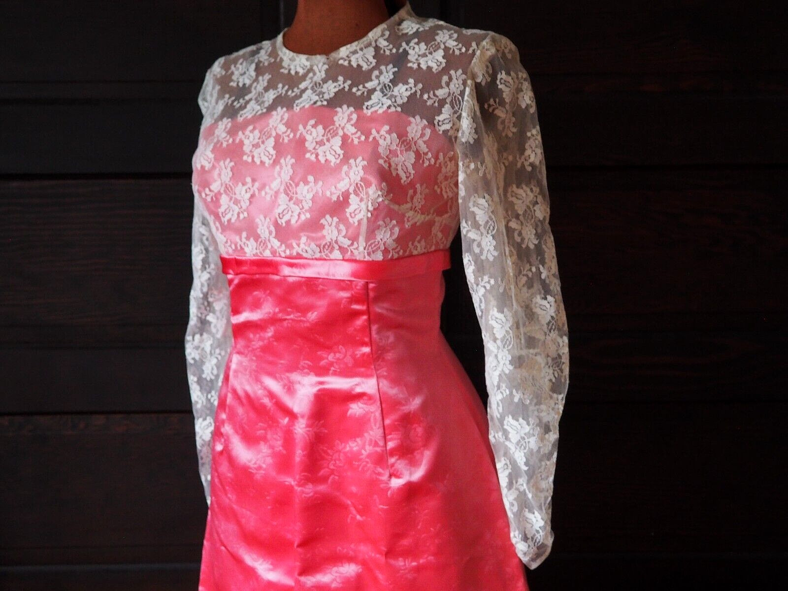VTG Pink Brocade Floral Satin Lace Bow Cocktail Evening Gown Dress Sz 3