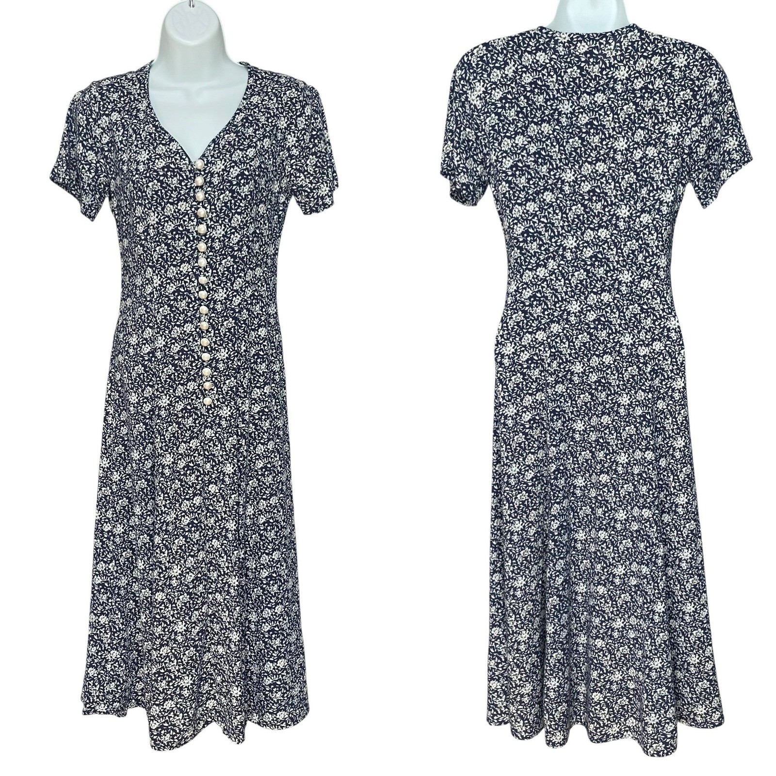 Vintage Paris Sport Club Dress Navy Floral Midi Faux Pearl Button Juniors Size 3