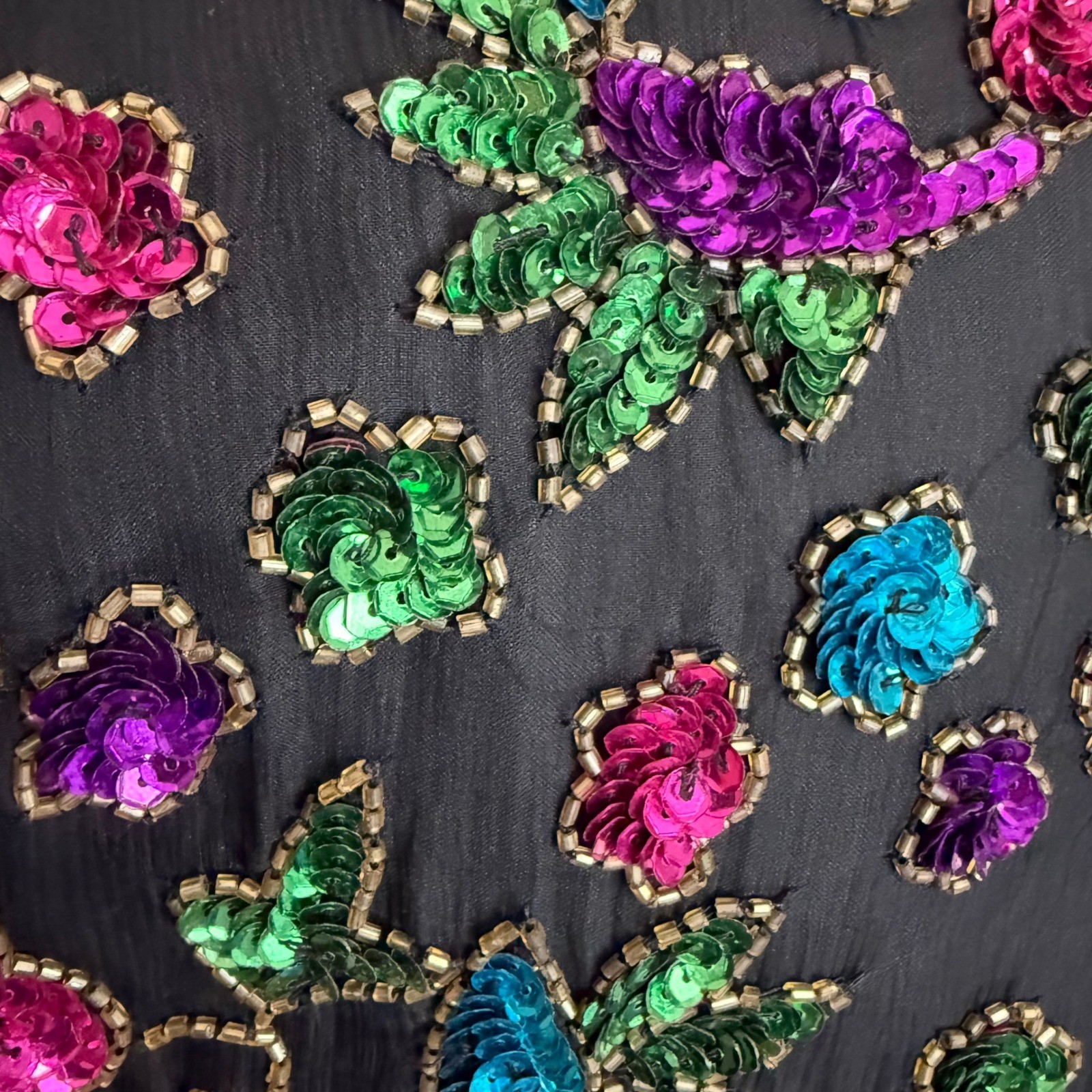 Stenay Vintage Silk Sequin Floral Beaded Evening Blouse Black XL Scalloped Hem