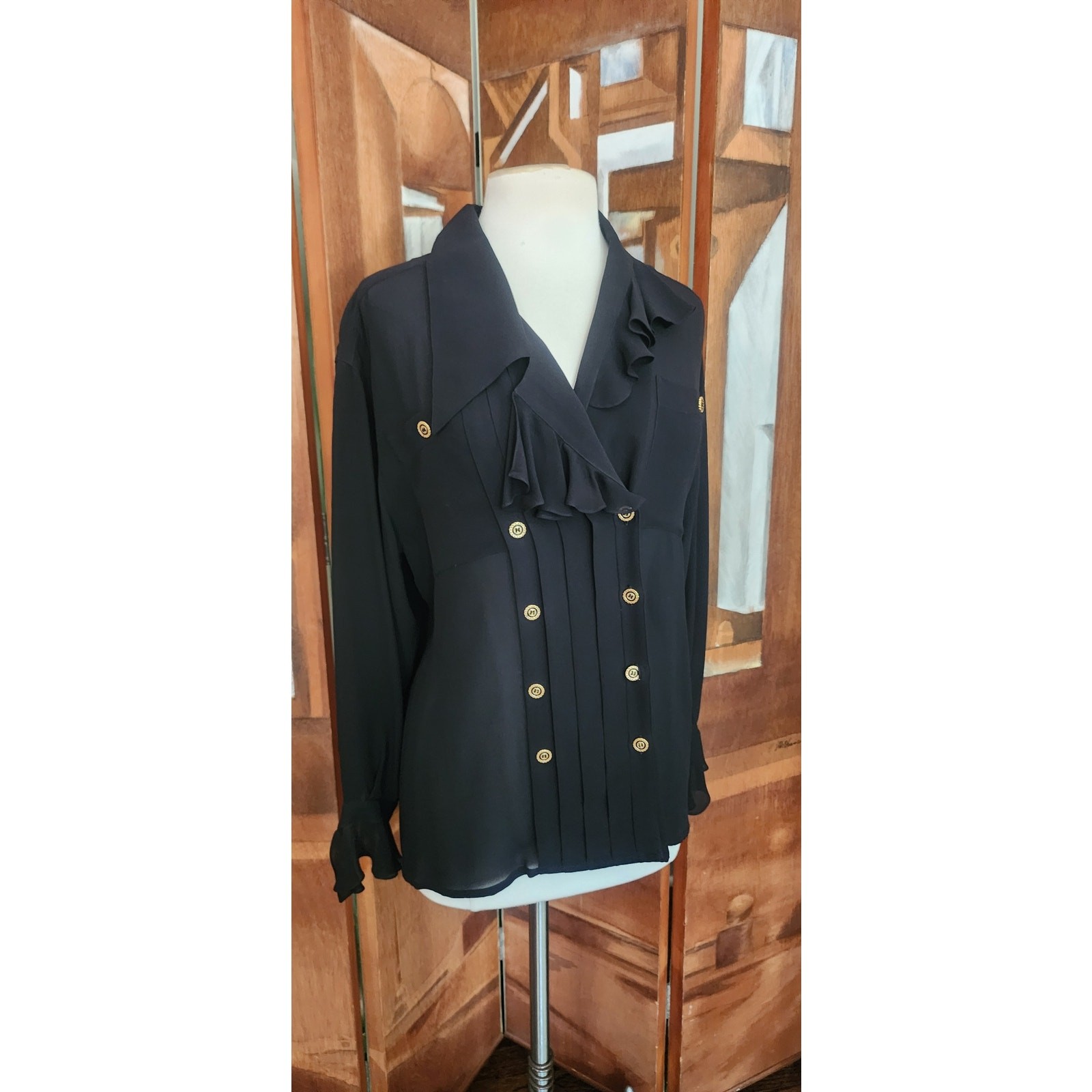 Vintage 80s Karl Lagerfeld Blouse Black Silk Ruffled Front Poet Shirt Semi-Sheer