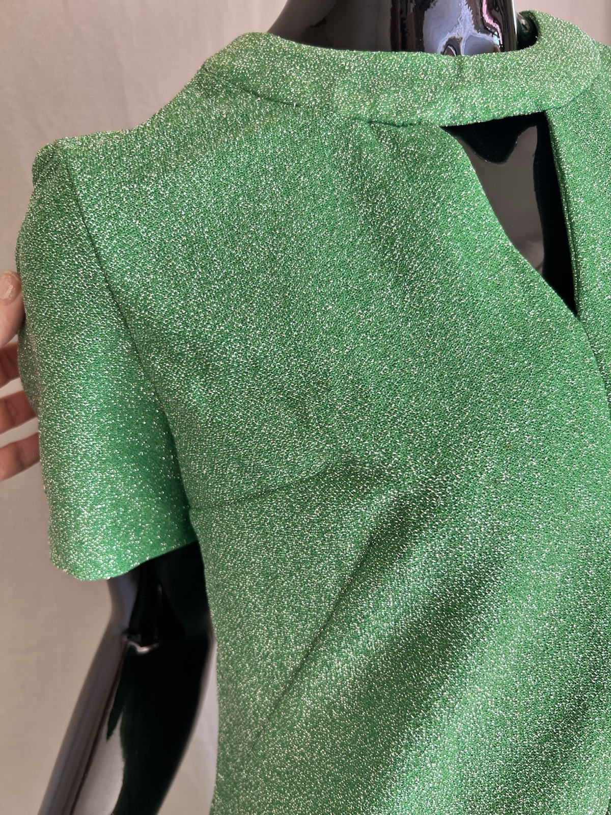 Vtg 1970s Hostess Dress Metallic Silver & Bright Green Maxi Cut Out Detail M/L