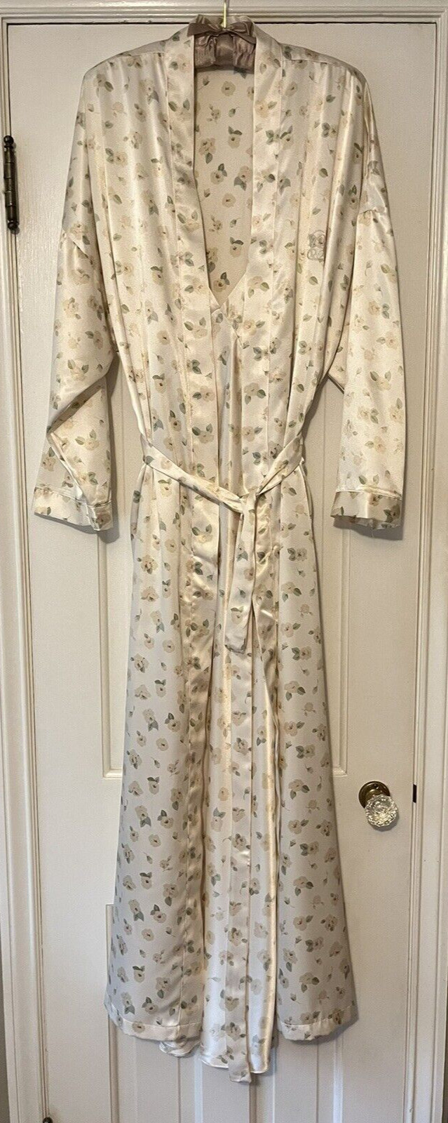 Vintage Calvin Klein Floral Robe & Gown Set. Cream w/Pink & Green Size Large