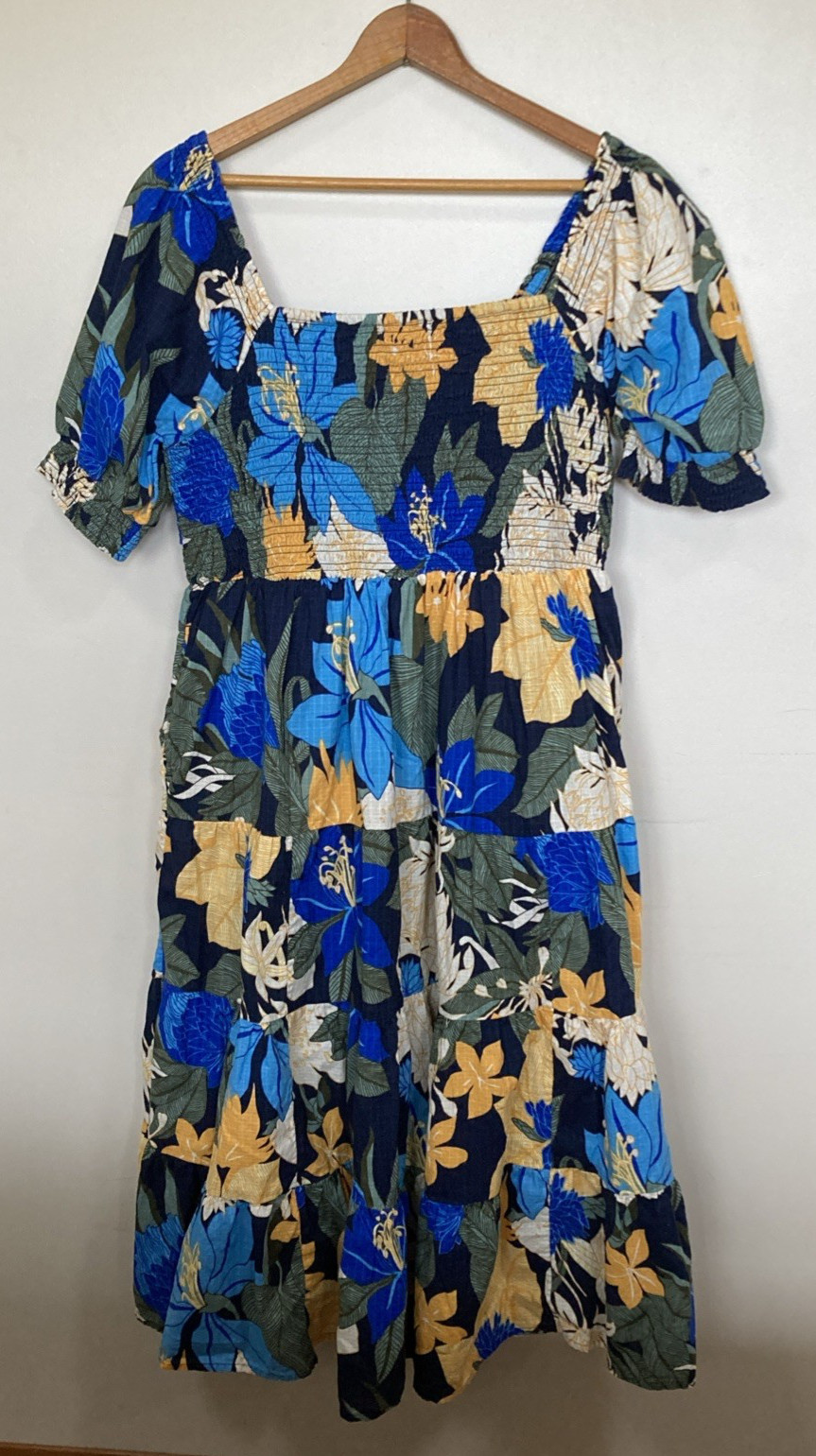 Land’s End Women’s Smocked Peasant Dress L/P 14-16 Blue Yellow Cotton Lined Vtg