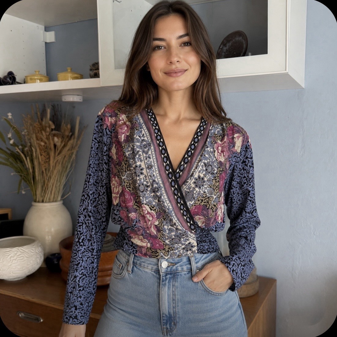 Carole Little Petites Vintage 90s Floral Front Wrap Crop Top Blouse S/M Boho