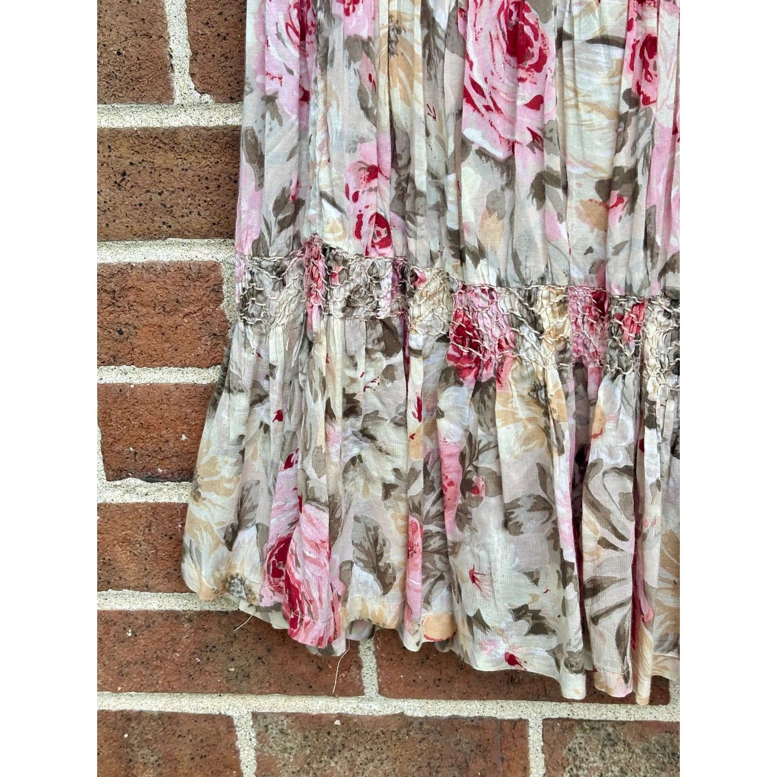 Vintage 1980s Passports Pier 1 Floral Skirt Pink Brown Rayon Cotton Boho Tiers
