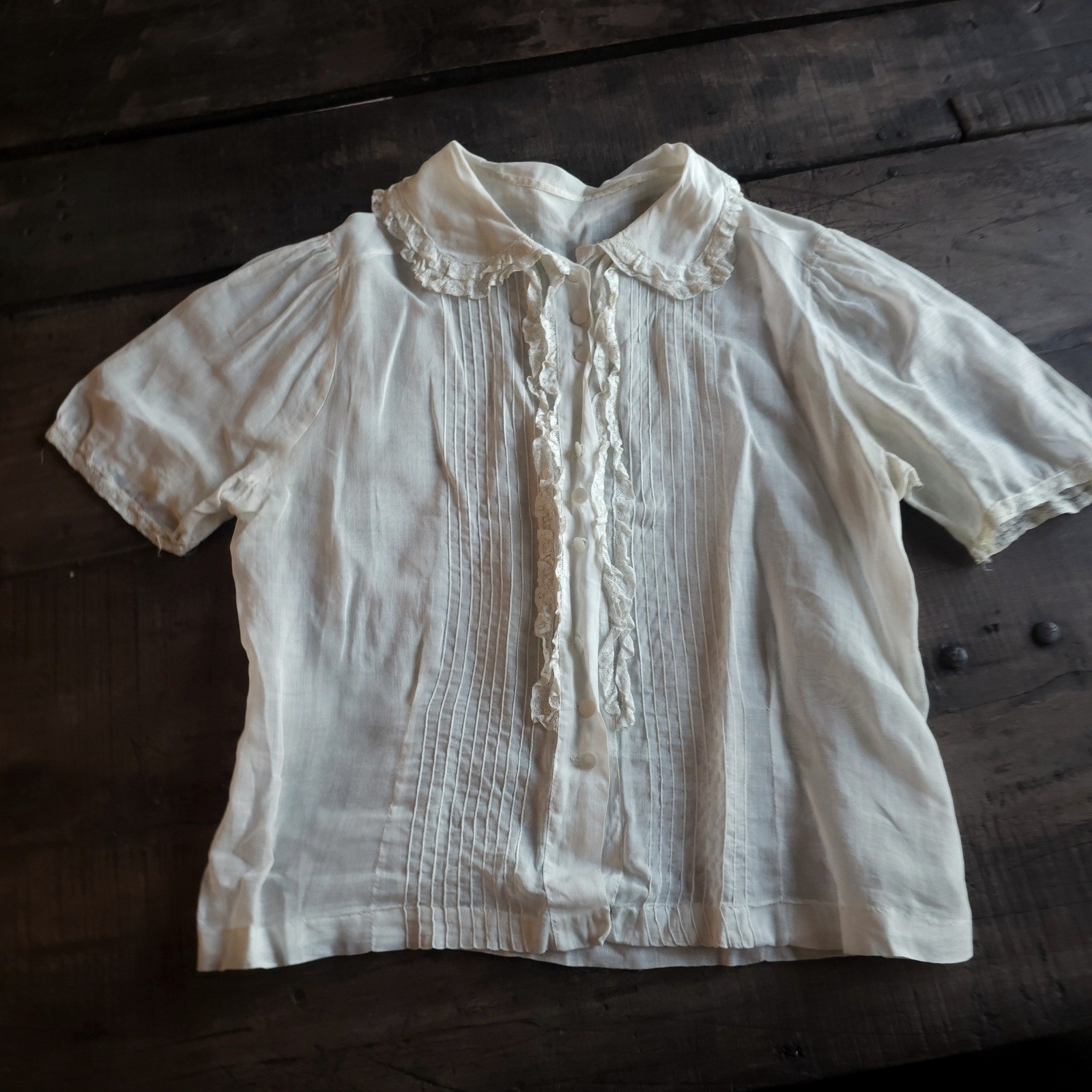 Antique White Cotton Lawn Blouse Pintuck Lace Trim Edwardian Short Sleeve Top