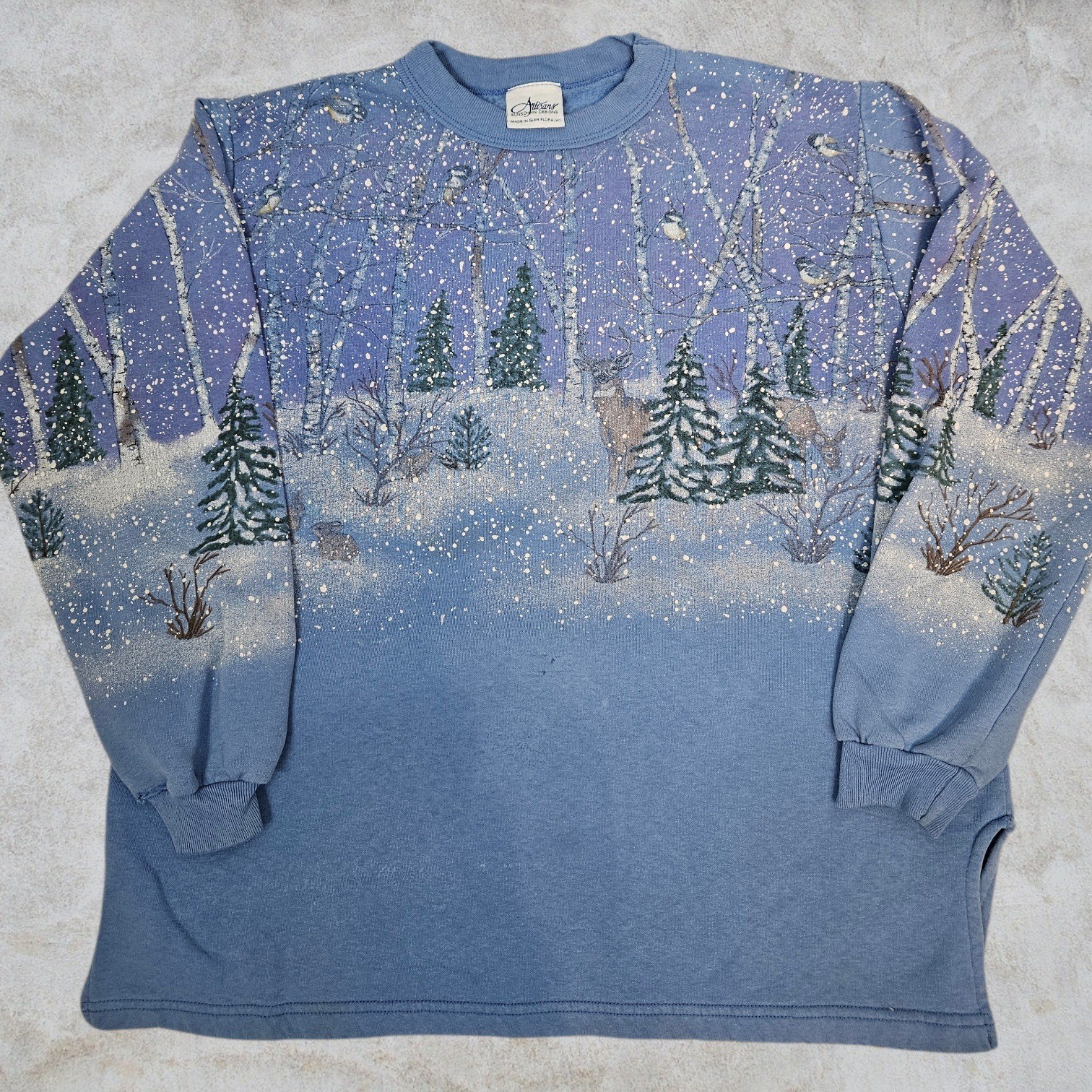 Vintage Artisans Sunschein Designs Winter Deer Scene Sweatshirt Blue Women Large