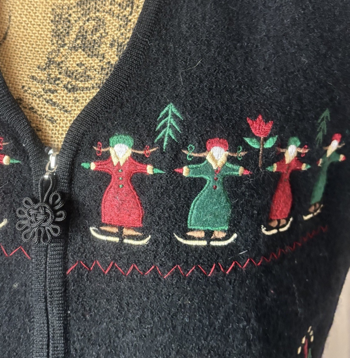 Vintage Sharon Young Boiled Wool Vest Black Red Green Appliqué Folk Christmas L