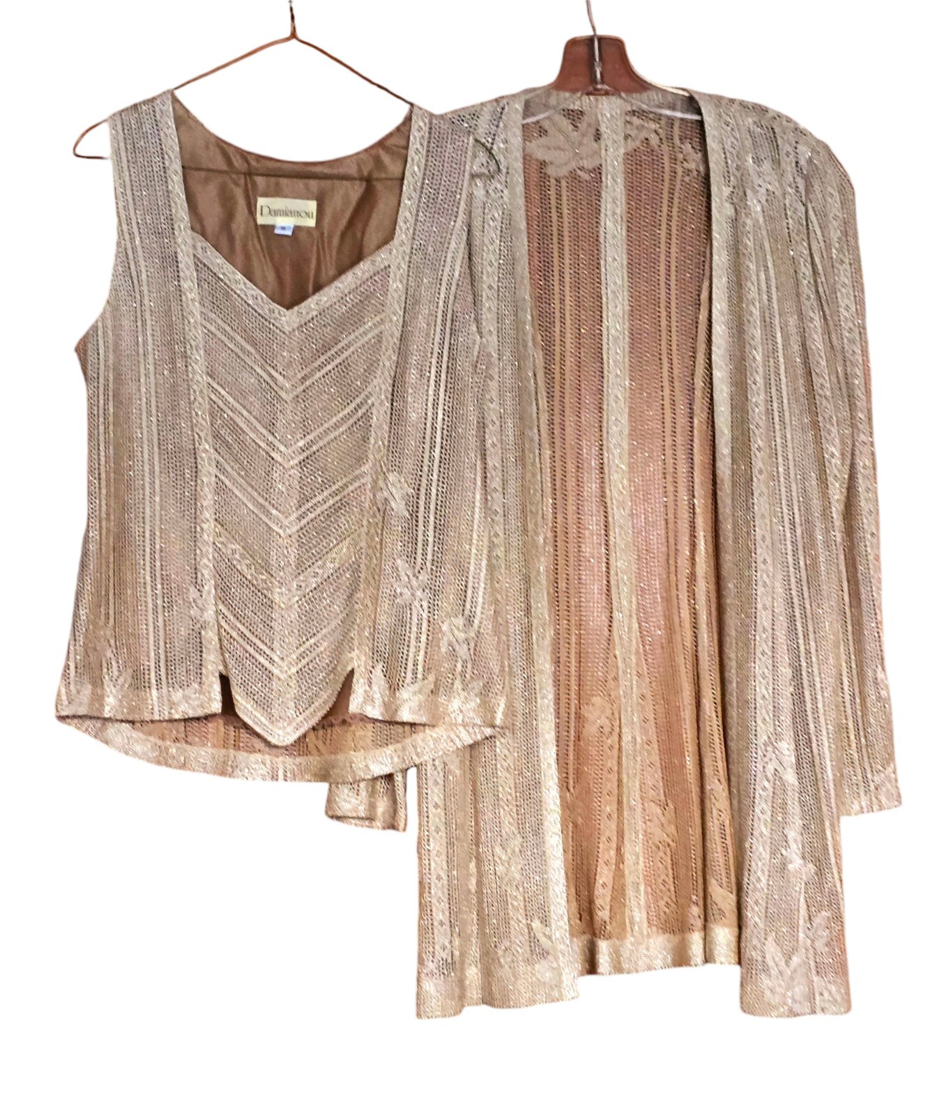 New Vintage Damianou Golden Knit 3 PC Set Skirt Jacket Top S Deco Look