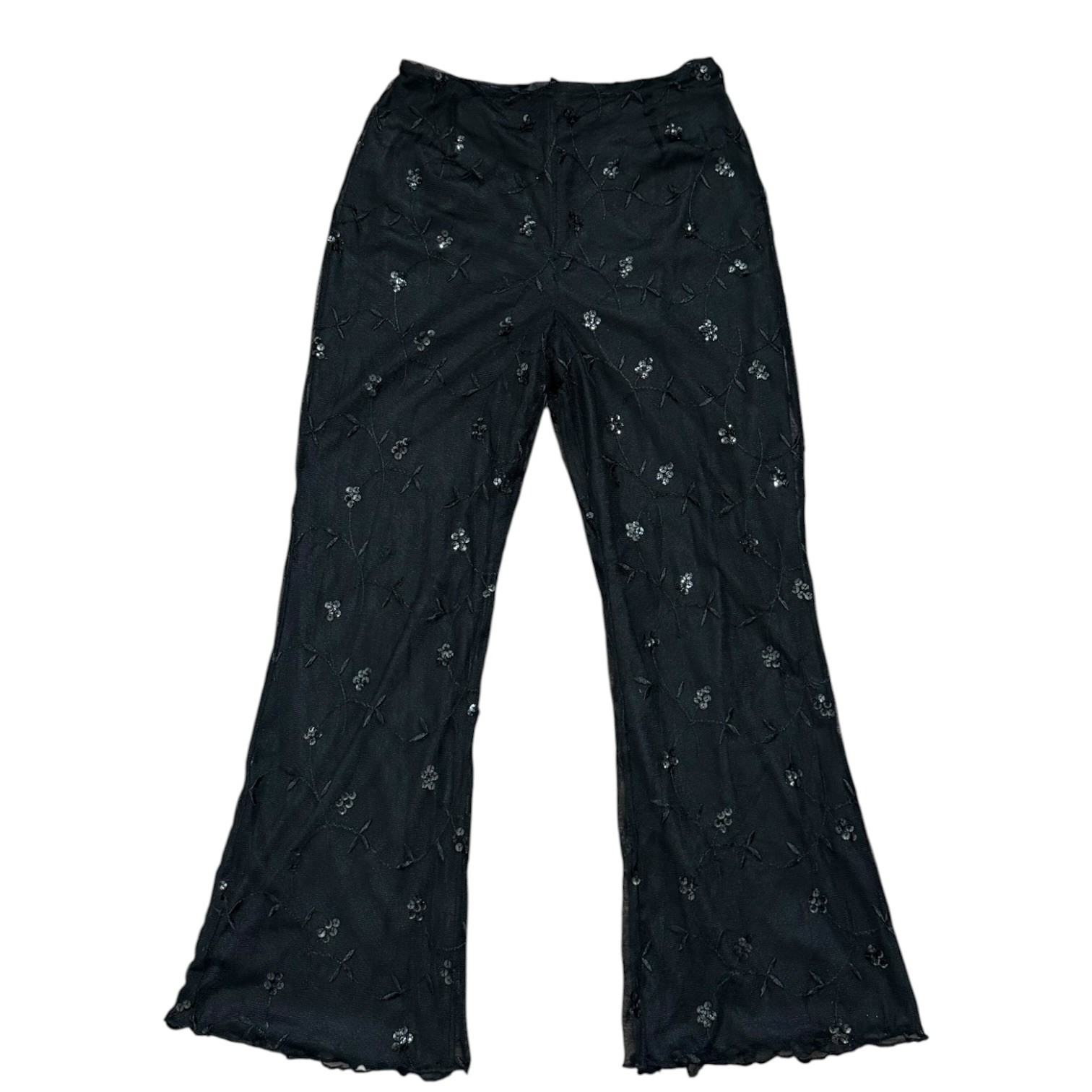 Vivian Chang Miss Elliette Vintage Black Mesh Sequin Floral Flare Pants Size 4