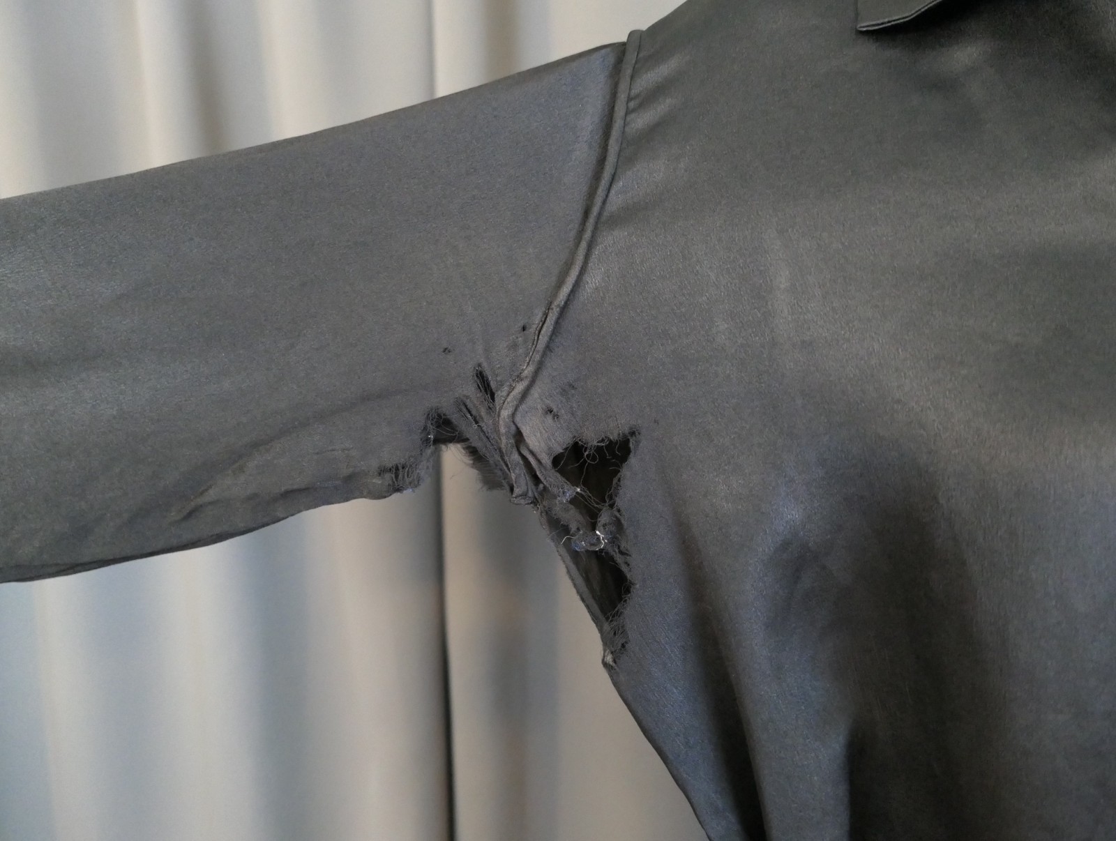 Damaged 1910s Black Silk Satin Dress, Eyelet Panel, 40 inch bust, Ankle length