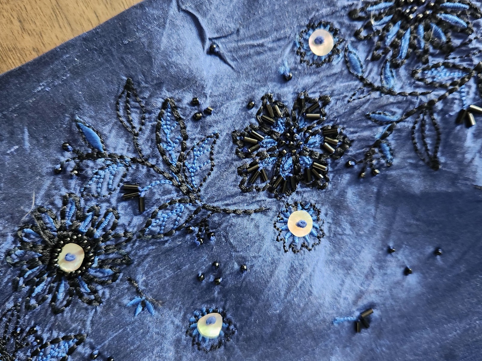 Sunny Leigh Vintage Blue Beaded Silk Dupioni 2 Piece Pants Blouse Set Size M