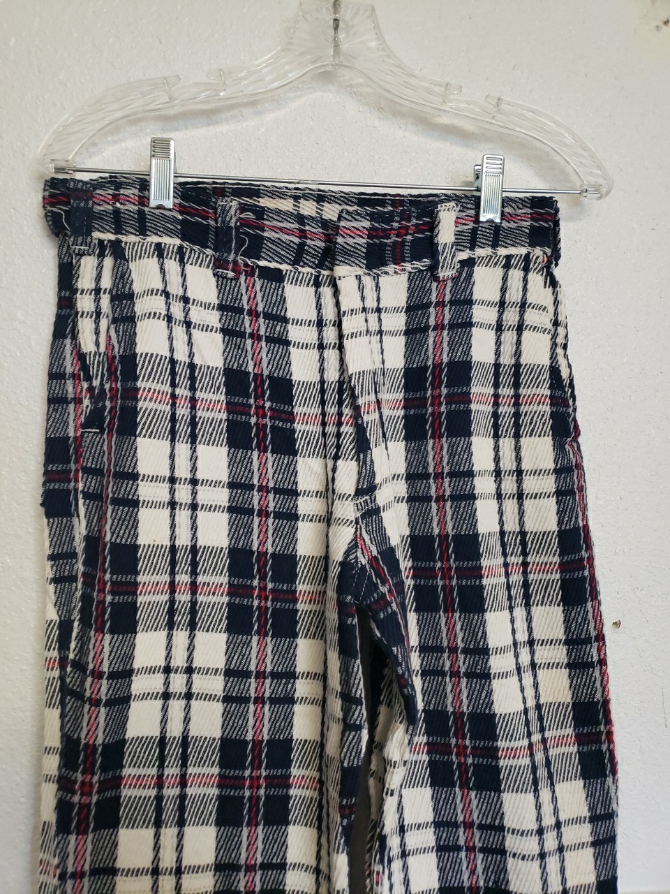 Vtg 60s 1970s Plaid Pants Cuffed 30×30 Red White Blue Bell Bottom Flare TopsAll