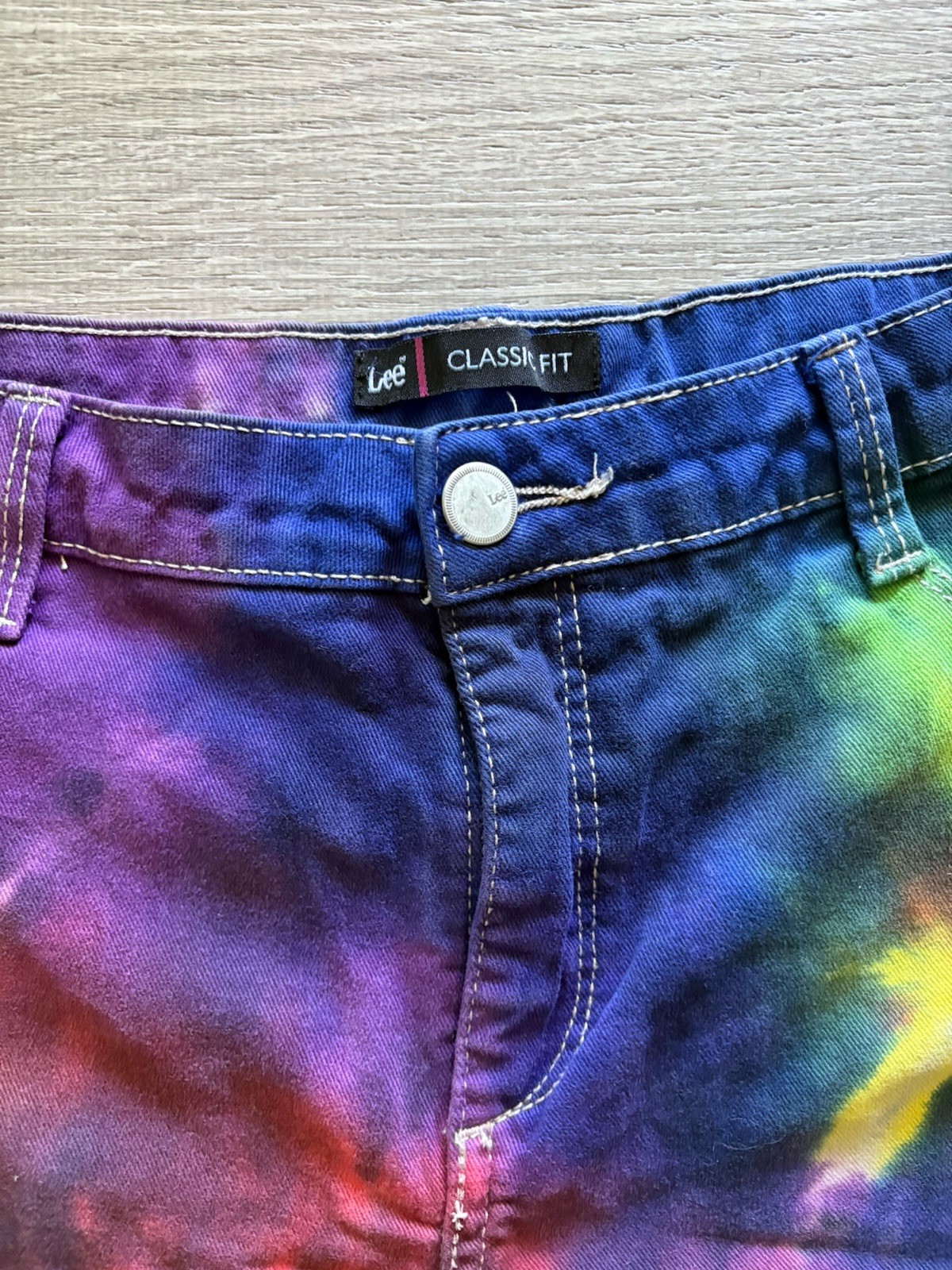 Tie Dye Denim Lee High Waist Shorts 14 Purple Blue Pink Green Hippy Retro