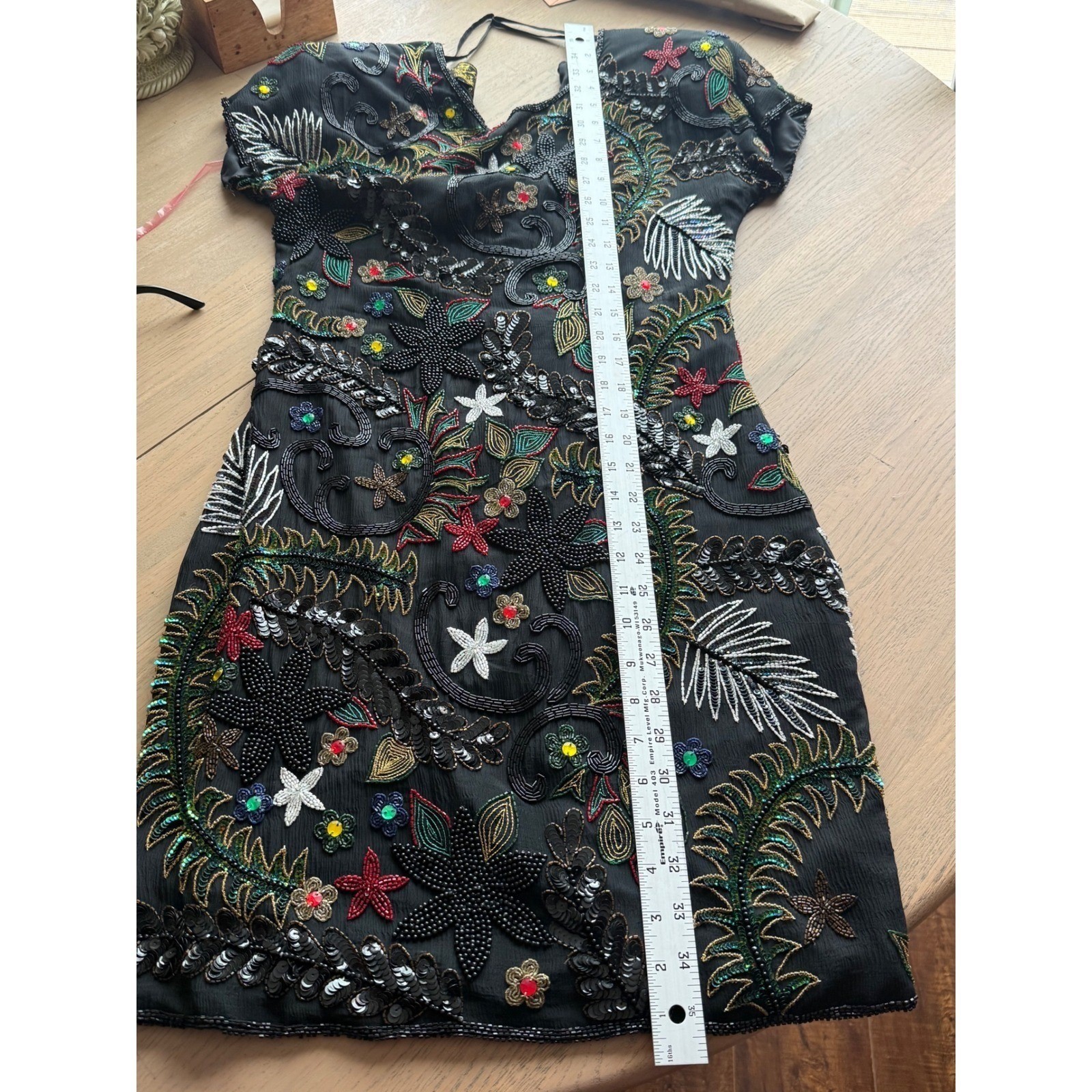 Pure Allure whimsical fairy Vintage Beaded Silk Mini Dress Black Floral Sequin