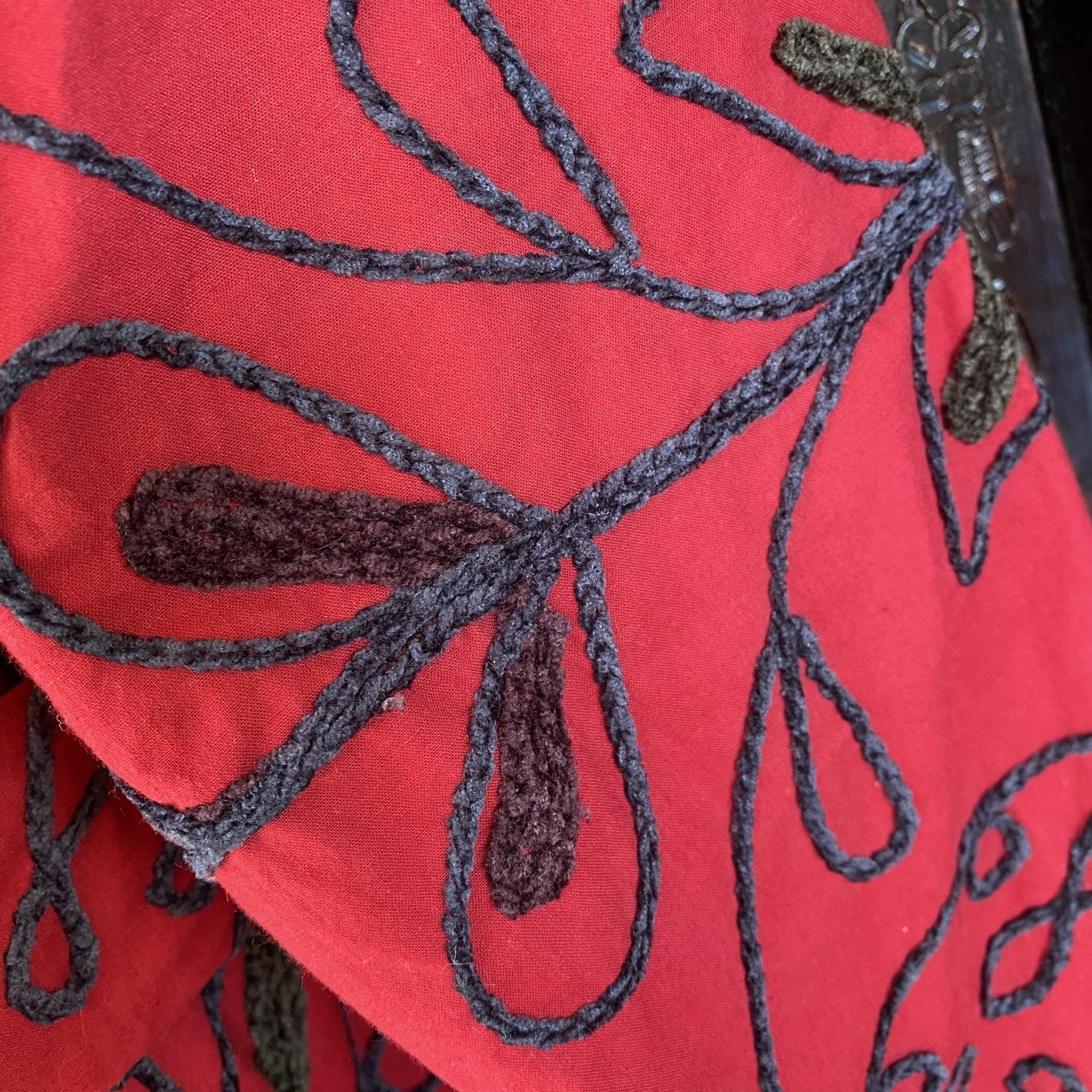 Statement Chenille Embroidered Jacket Womens L Artisan Floral Red Tie Waist