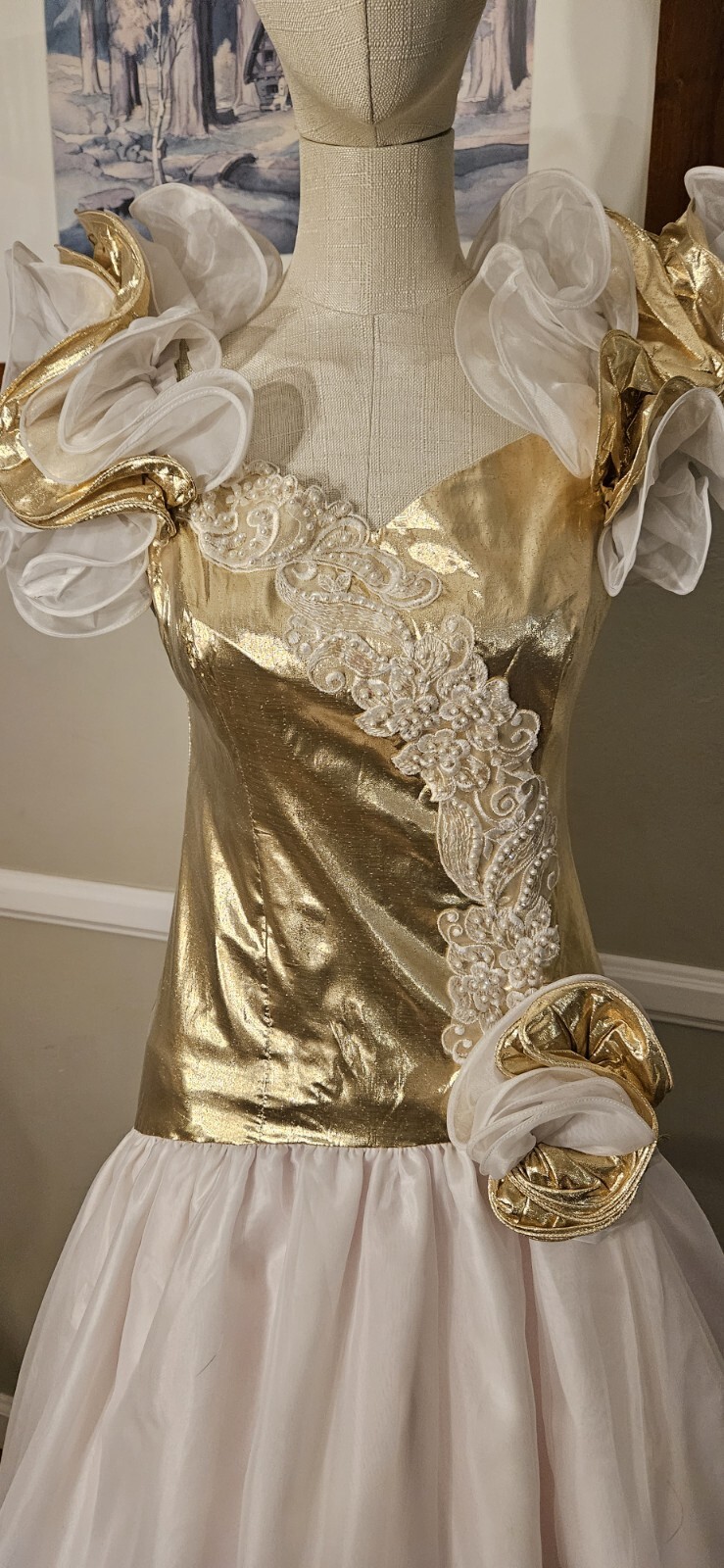 Vintage 1980s Gold Lamè And White Organza Overla Blend High Low Prom Dress As…