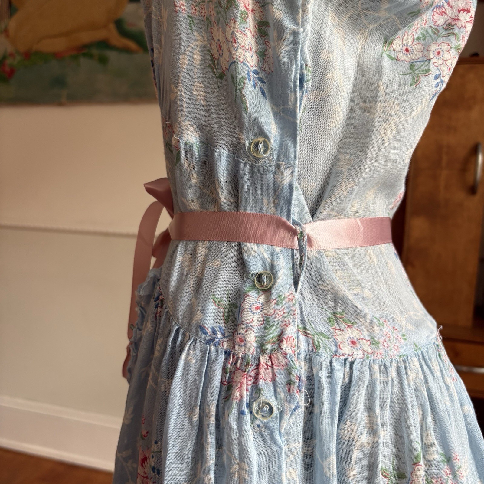 Vintage 1940s Blue Floral Cotton Voile Fabric Dress Ruffle Trim Summer