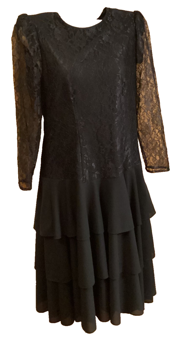 Vintage T&F Black Lace Women’s Dress Layered Skirt Calf Length Padded Shoulders